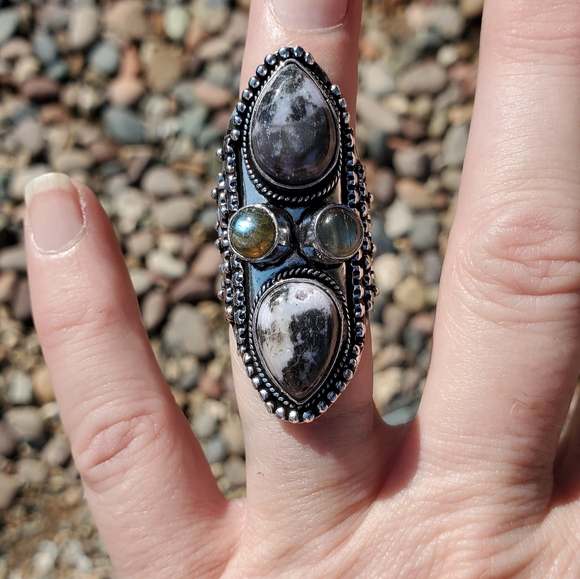 New Zebra Jasper and Labradorite 925 Silver Statement Ring. - Picture 4 of 16